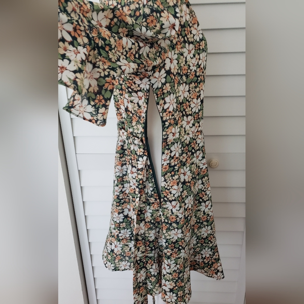 Allegra K Floral 3/4 Bell Sleeves Smocked Belted Flare Ruffle Dress Size S - Picture 9 of 16